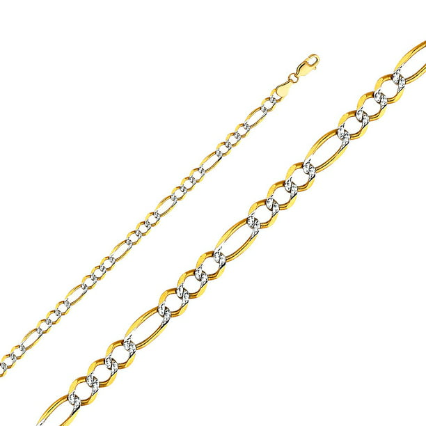 14k Two-tone Gold 2.2-mm White Pave Light Figaro Chain Necklace 